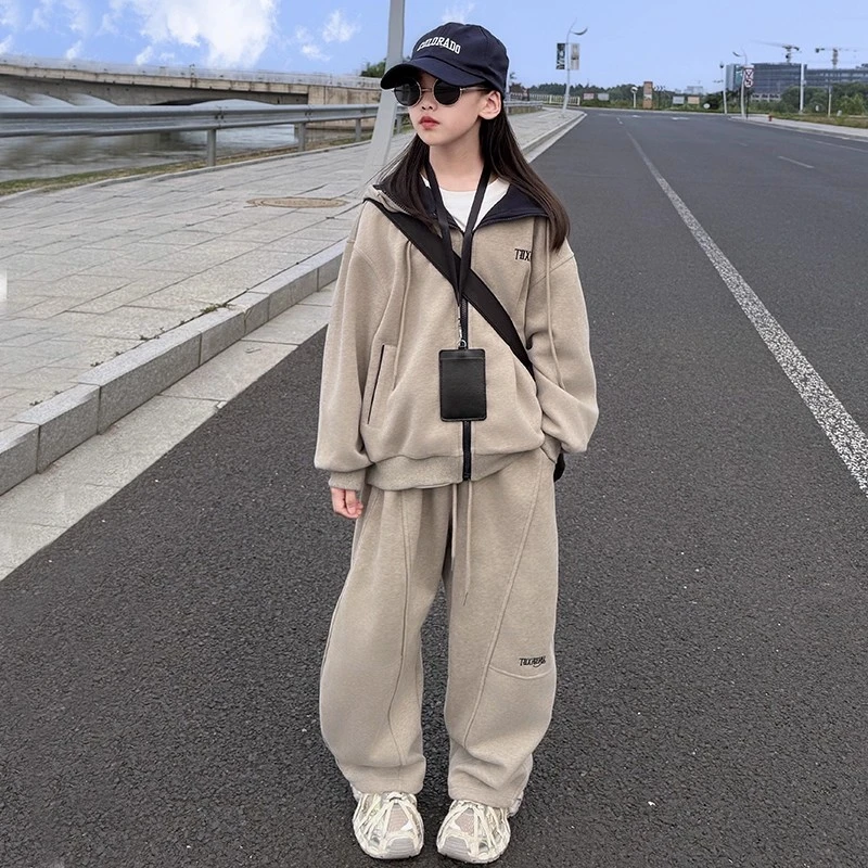 女童秋冬款韩版休闲连帽加绒卫衣运动套装中大童时髦洋气儿童秋装