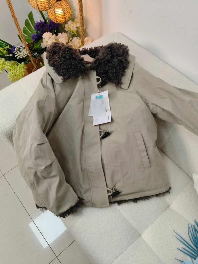 389区9857卡其色短外套工装风保暖冬季韩版棉衣