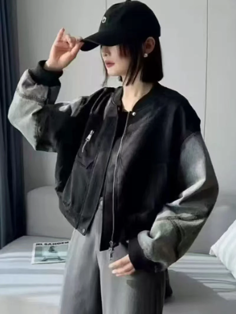 【韩衣舍】拼接春季款女短外套薄款拉链