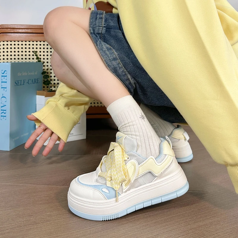 回力黄蓝爱心小白鞋女2025新款网面透气女鞋多巴胺时尚百搭板鞋女
