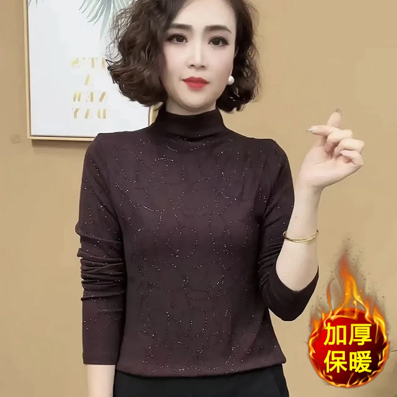 秋冬新款时尚半高领纯色烫钻打底衫大码遮肚子减龄洋气小衫妈妈装