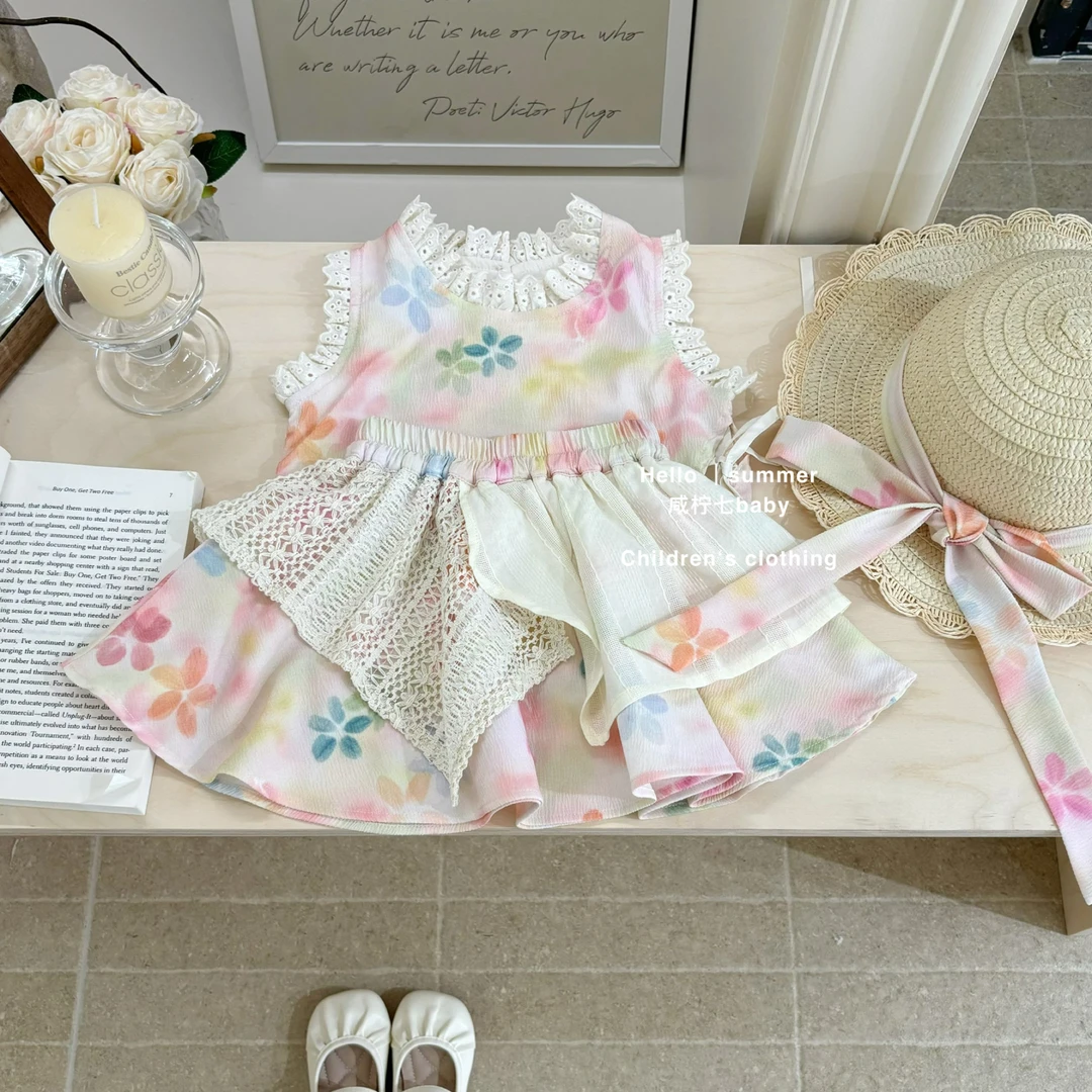 现【咸柠七】女童夏季法式田园风套装儿童宝宝碎花蕾丝背心两件套