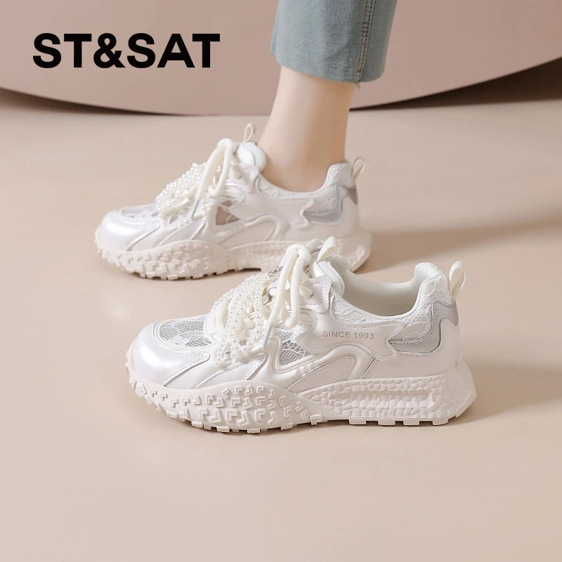 星期六蕾丝运动鞋女2025新款夏季透气休闲鞋厚底网面鞋配裙子女款