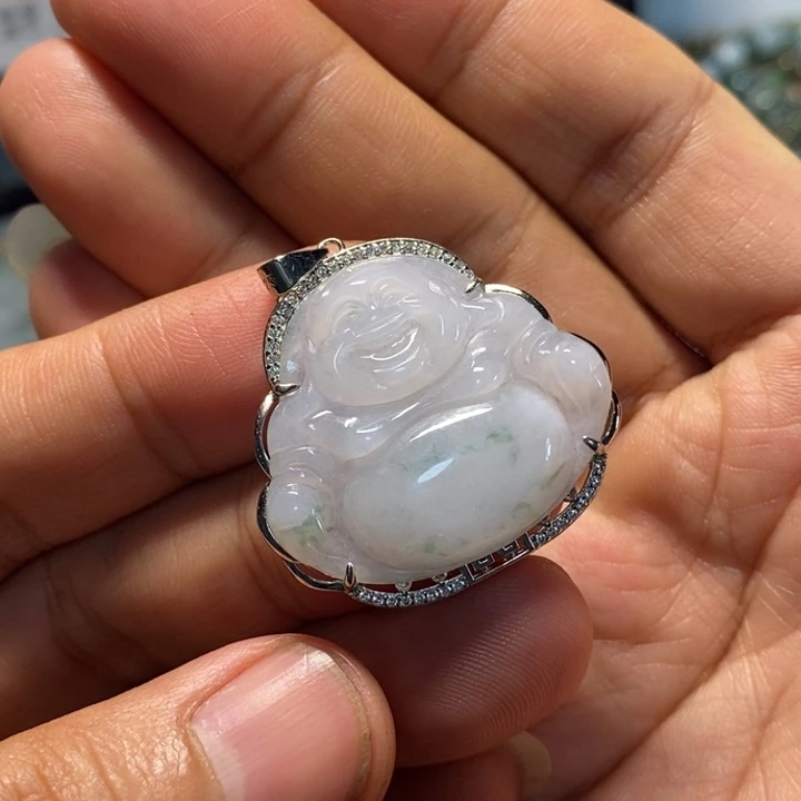 翡翠银S925镶嵌颈饰天然缅甸翡翠A货飘花佛公微瑕