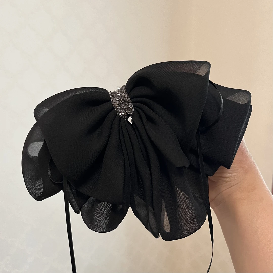 日常百搭垂坠雪纺纱水钻蝴蝶结发夹发饰轻奢高级女法式网红