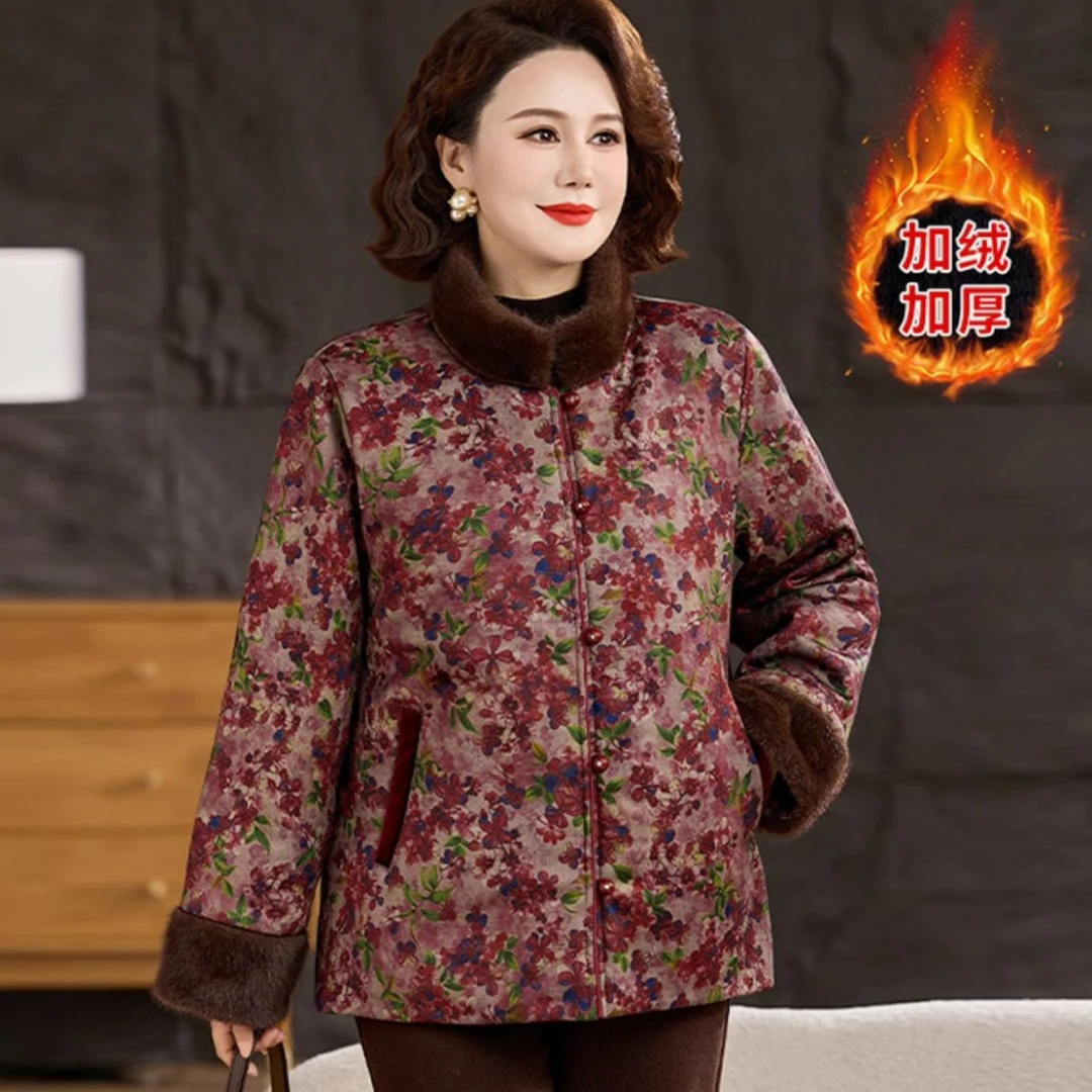 中老年妈妈冬装加绒加厚大码印花保暖复古国风棉衣外套洋气红樱桃