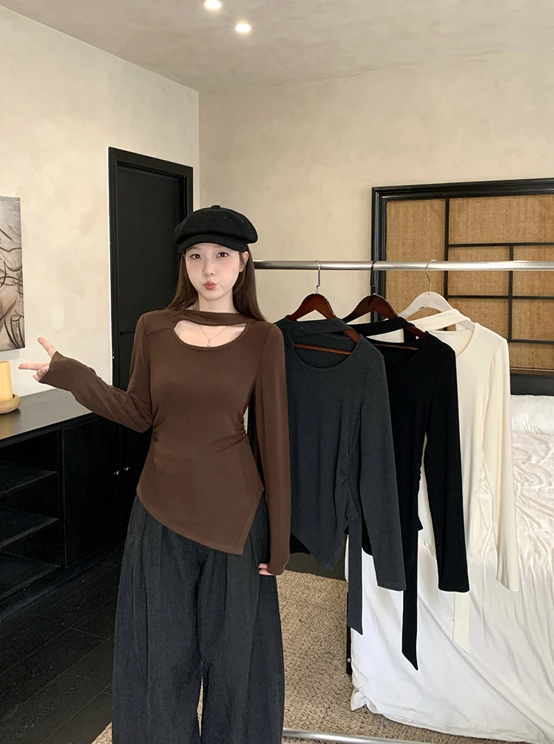 2025秋装新款胖mm大码女甜美纯欲风飘带不规则掐腰长袖上衣A2416