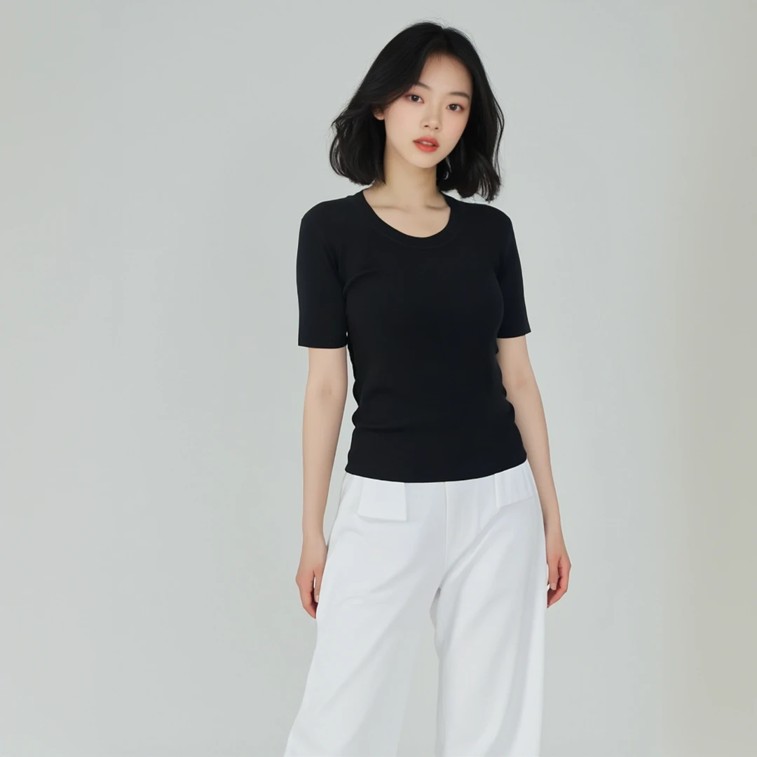 夏季毛针织衫短袖三分袖U领毛衣上衣休闲百搭薄款打底衫时尚黑色