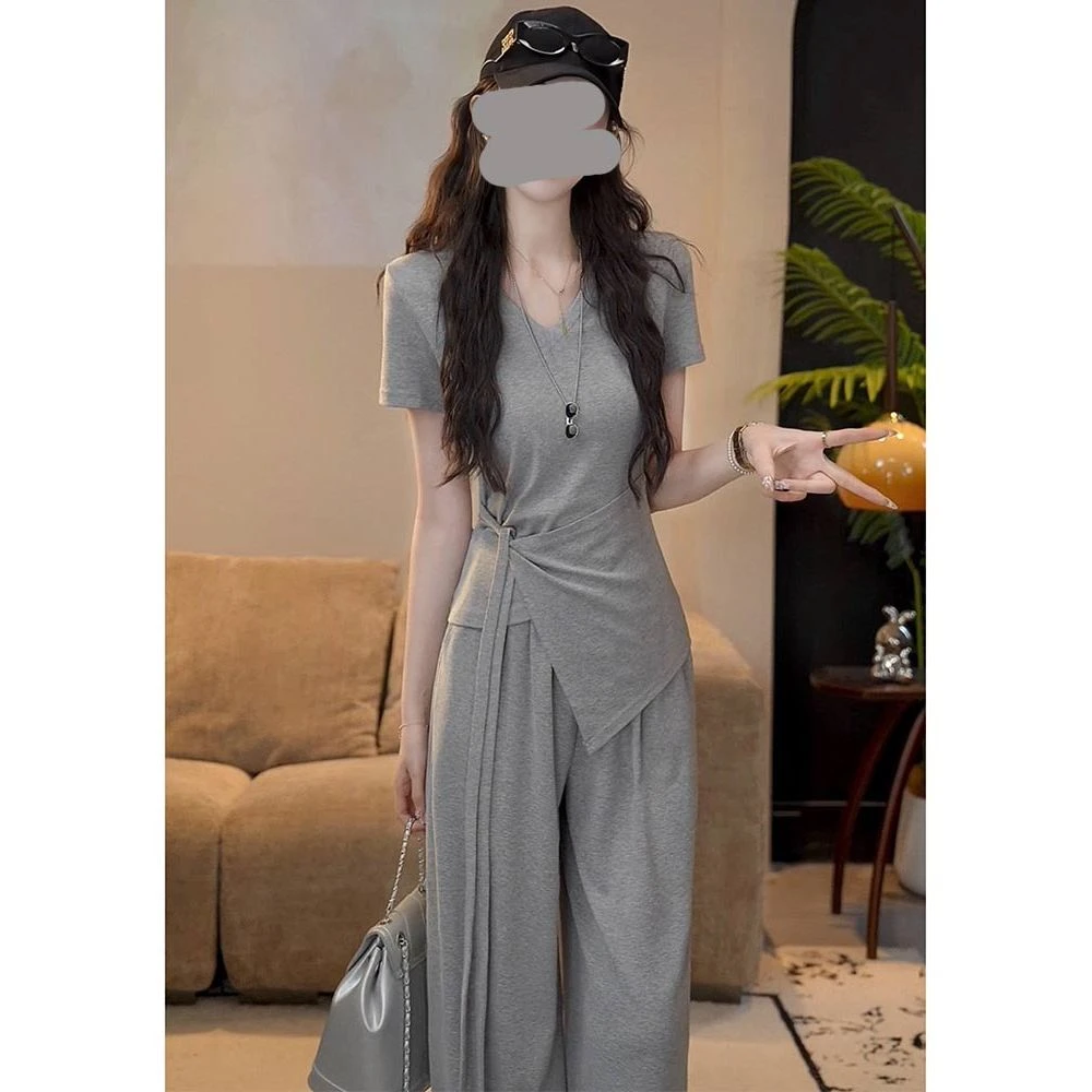 2025夏季新款韩版时尚女小众V领长袖T恤配纯色休闲裤两件套