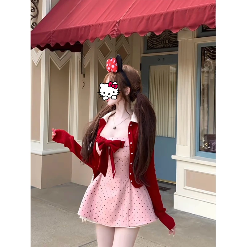 在逃公主 秋款出游新款波点吊带连衣裙+针织开衫两件套甜美纯欲风