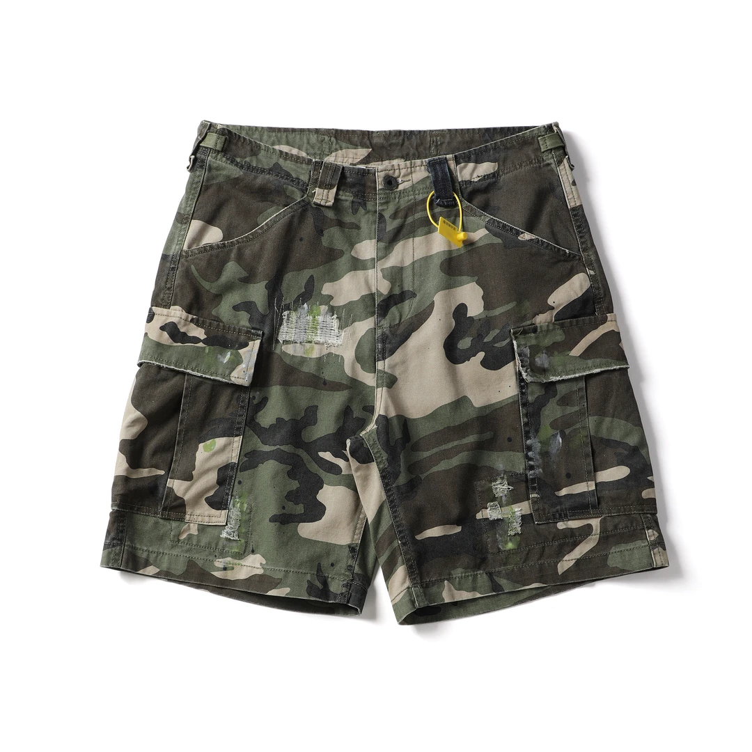 （特价售出，不退换）水洗破坏补丁多袋迷彩拼接伞兵五分短裤