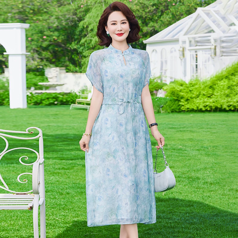 新中式国风改良旗袍连衣裙女2025夏季新款收腰遮肚显瘦印花A字裙