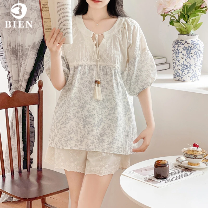 BIEN纯棉睡衣女夏季甜美可爱公主风家居服可外穿短袖短裤套装韩版