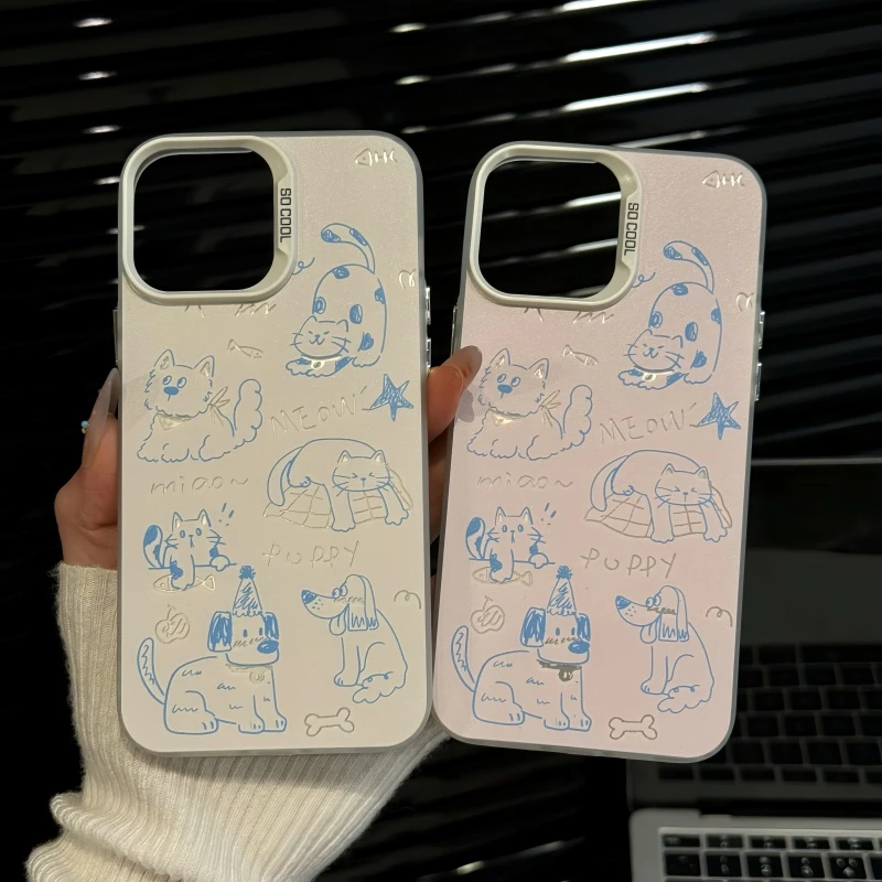 适用苹果16pro创意iPhone15手机壳磨砂彩银华为p60女小众猫咪狗狗