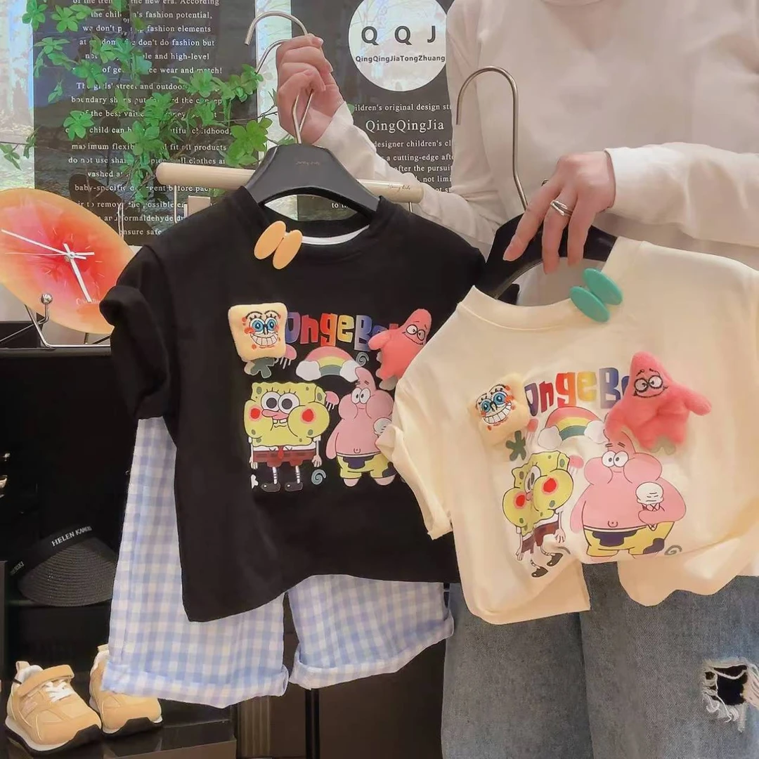 纯棉夏季儿童立体玩偶短袖T恤卡通印花海绵宝宝爆款潮流上衣