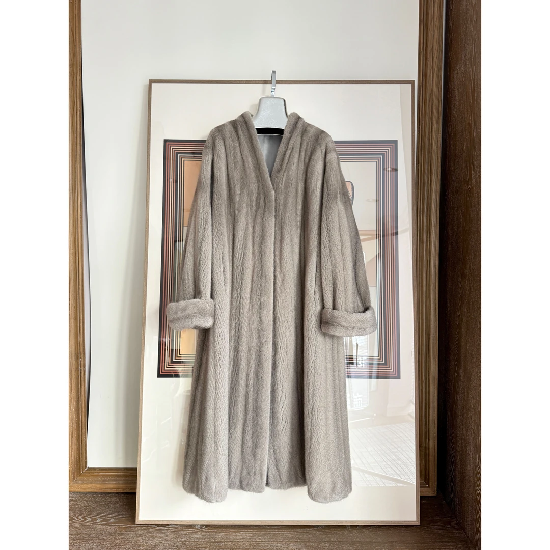 讴咪 丹麦紫标短二水貂皮草 机开全抽V领长款挽袖裘皮大衣外套