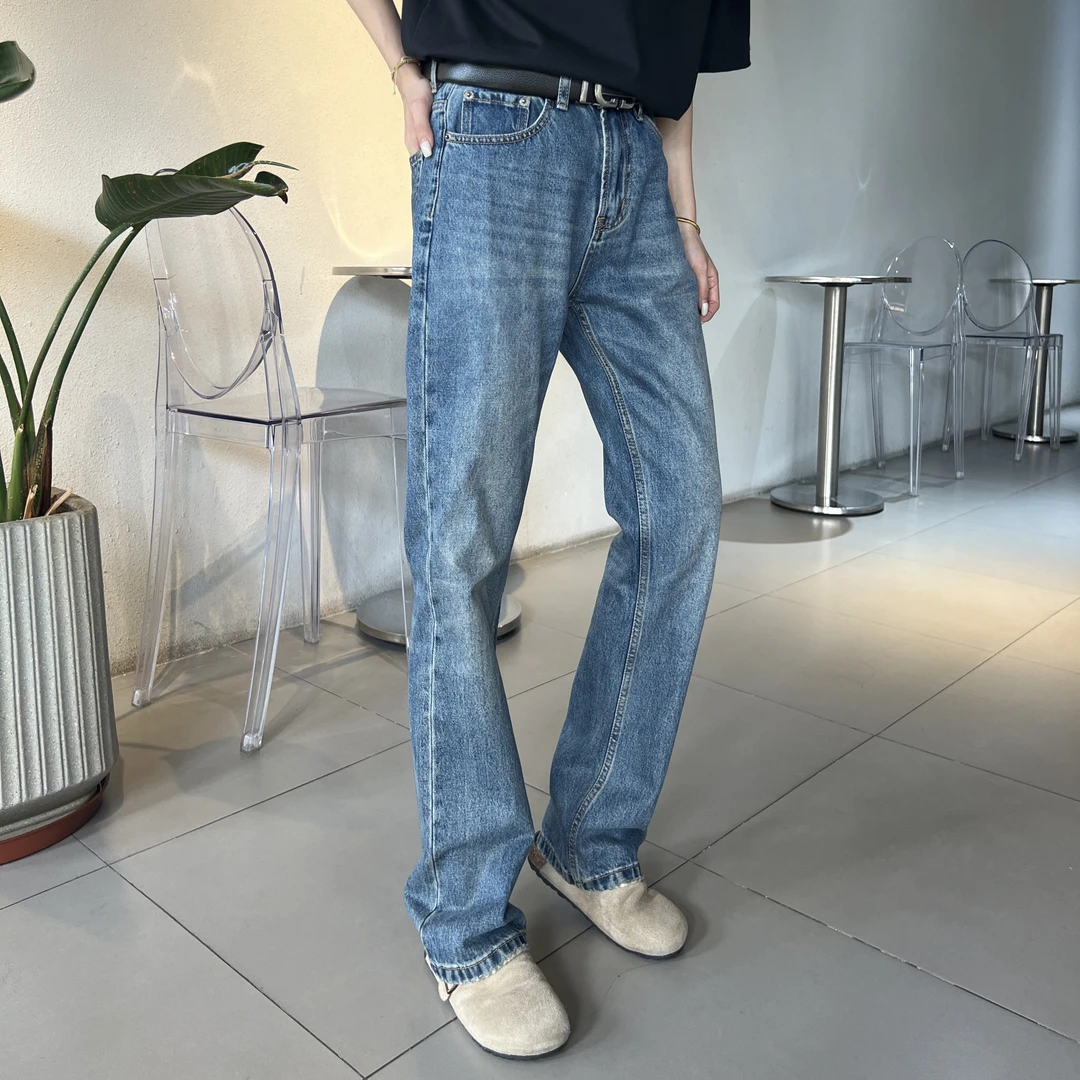 【KUAAO】蓝色做旧牛仔裤水洗男女美式高街直筒微喇长裤-8038-3
