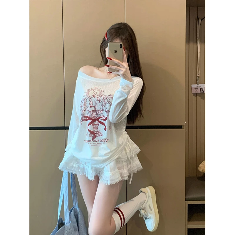 夏季新款百搭长袖t恤女涂鸦斜肩慵懒纯欲风防晒罩衫薄款宽松上衣