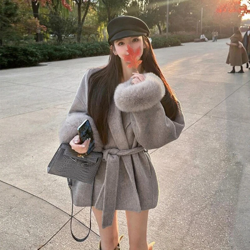 灰色小个子短款双面呢子大衣女2025新款秋冬季韩系超好看毛呢外套