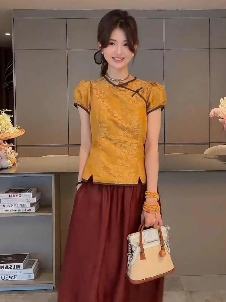 大方得体穿搭独特漂亮气质高端新中式国风黄色提花衬衫套装裙女夏
