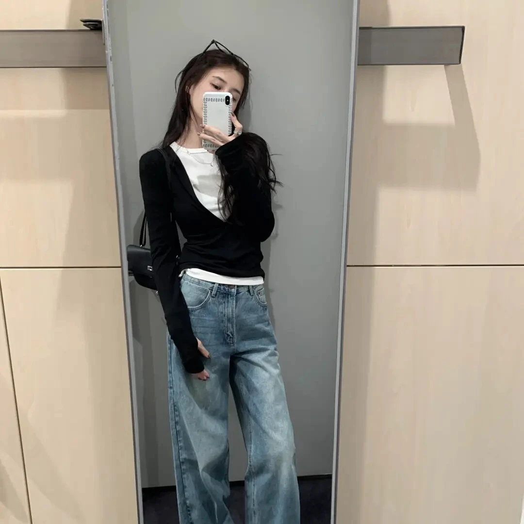 2025早秋季新款时尚假两件拼接上衣女士宽松阔腿牛仔裤显瘦两件套