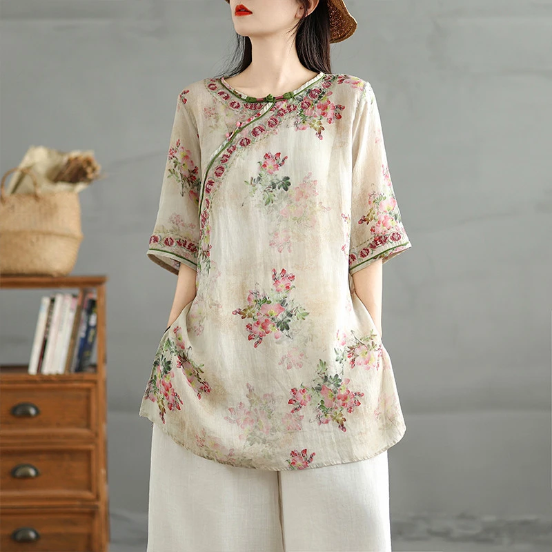 新中式国风刺绣棉麻短袖衬衫女士夏季高端苎麻小衫中长款亚麻上衣