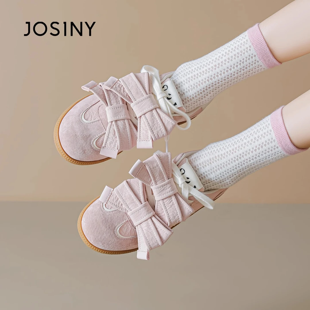 卓诗尼2025夏季透气休闲鞋系带小白鞋粉色德训鞋女款复古百搭女鞋