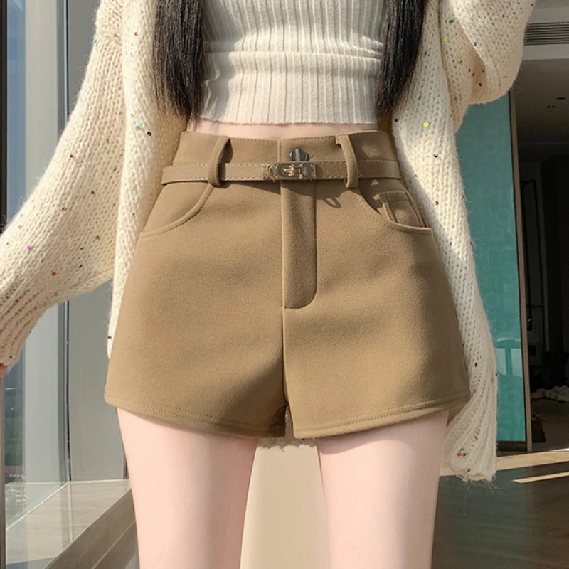 加绒加厚毛呢西装短裤女秋冬小个子外穿高腰显瘦a字辣妹打底靴裤