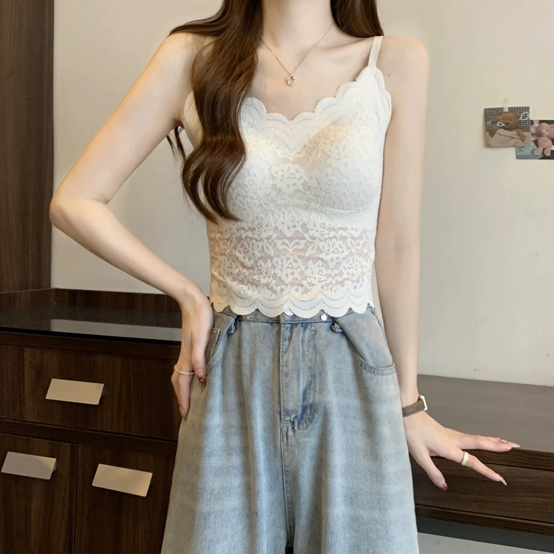 2025春夏新款法式蕾丝V领性感美背一体杯吊带百搭背心打底上衣女