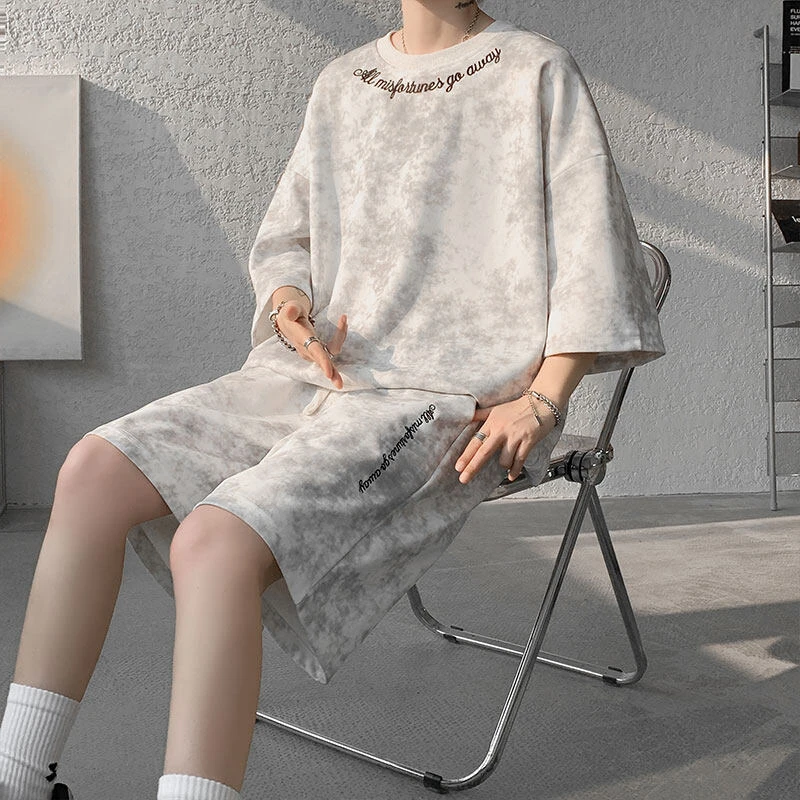 扎染刺绣重磅短袖t恤短裤两件套男夏季美式潮牌大码休闲运动套装