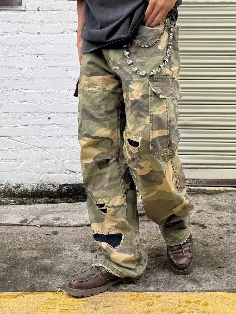 美式复古破烂迷彩工装裤