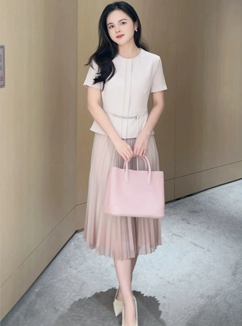 宝家2025新款女装通勤粉色百褶拼接收腰三醋酸假两件连衣裙