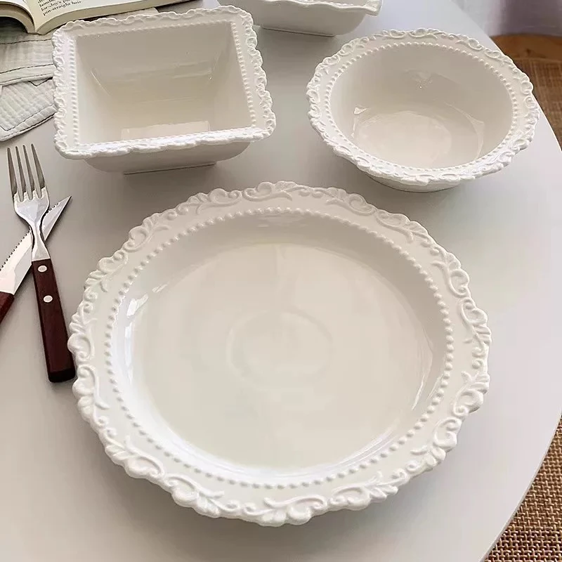 穆尼 ins浮雕陶瓷餐具套装复古风餐盘西餐盘菜盘家用盘子平盘饭碗
