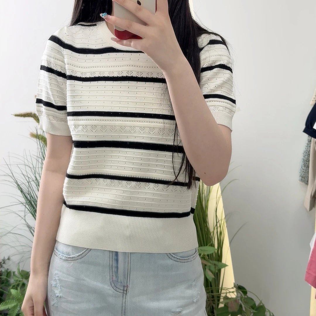 Lagogo/拉谷谷短袖百搭女装条纹镂空修身夏季毛针织衫NAMM2A4T22