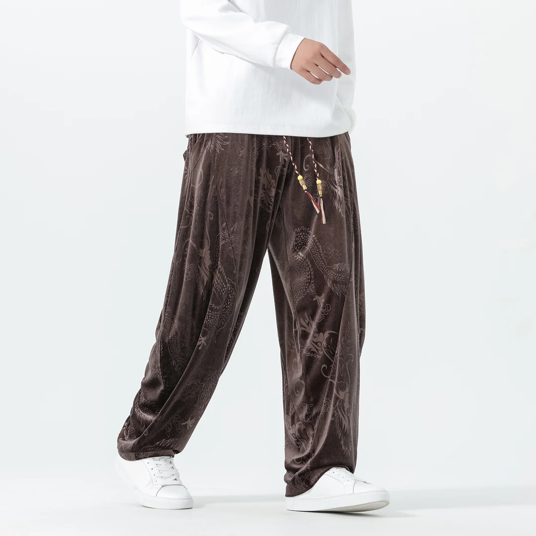 高级感垂感金丝绒阔腿裤男秋冬季中国风龙纹提花汉服裤子宽松长裤