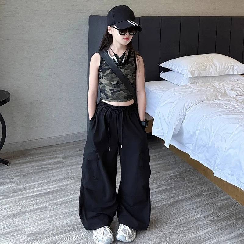女童韩系迷彩背心工装裤套装夏季薄款速干中大童街舞阔腿长裤儿童