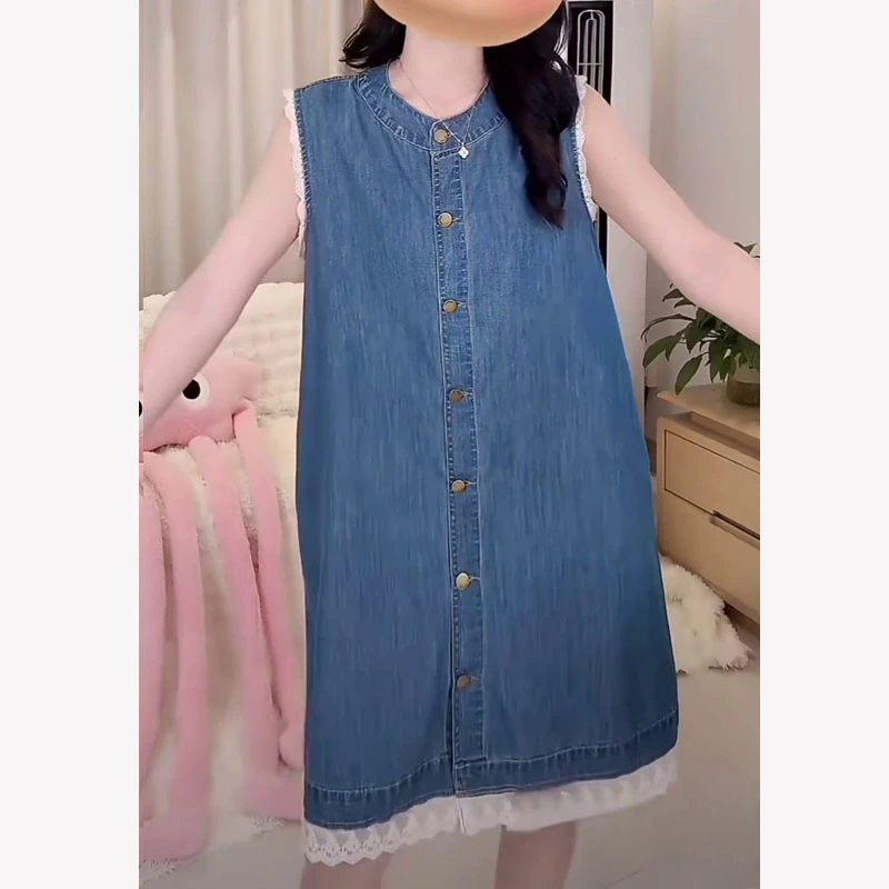 大码女装单排扣圆领无袖吊带牛仔裙连衣裙夏季女装裙子新中式