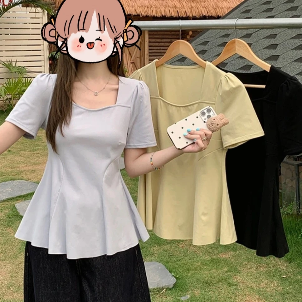 胖MM5店 M25031时尚方领夏季新款洋气百搭显瘦遮肉短袖