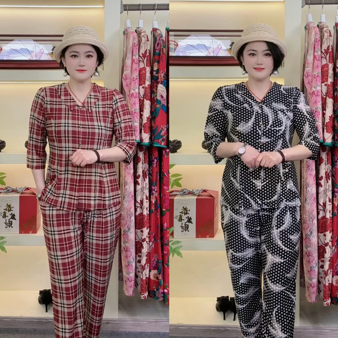 2025春夏新款时尚减龄娃娃领中袖妈妈装洋气显瘦套装两件套