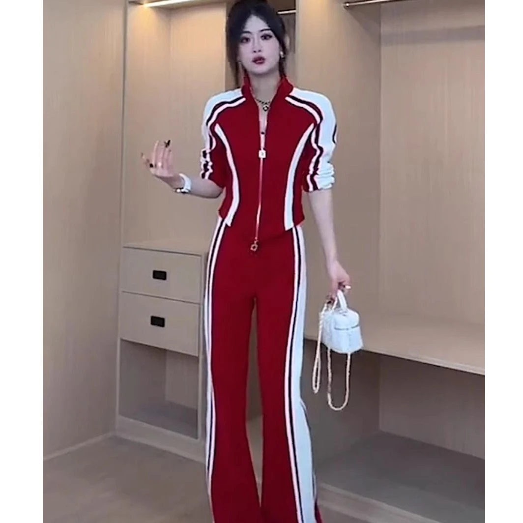 欧货休闲运动套装春秋2024新款时尚洋气休闲跨年衣服一套红色