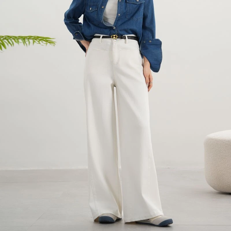 凌丹娜秋季新品新品白色牛仔天丝牛仔裤高腰显瘦阔腿拖地裤JG8328