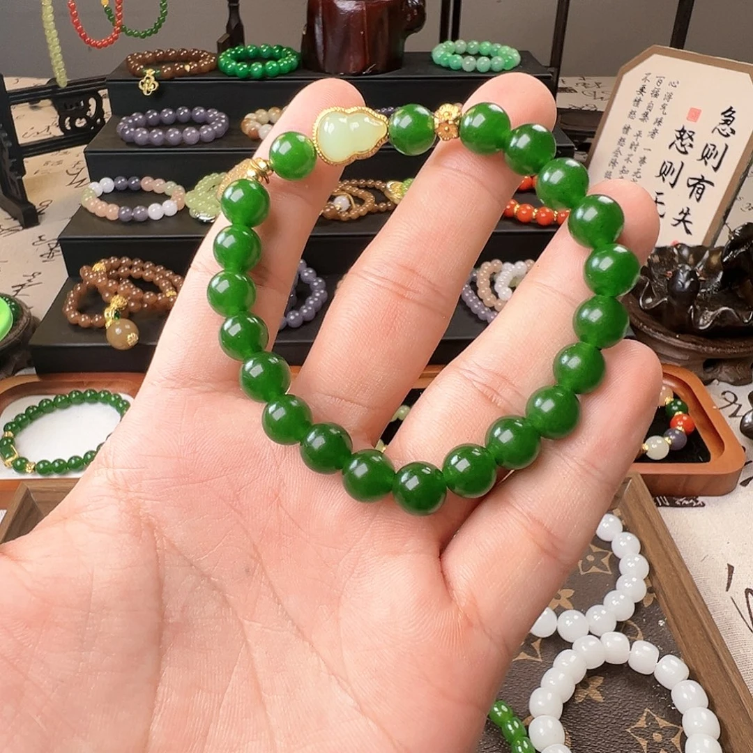和田玉未镶嵌手链菠菜绿设计手串