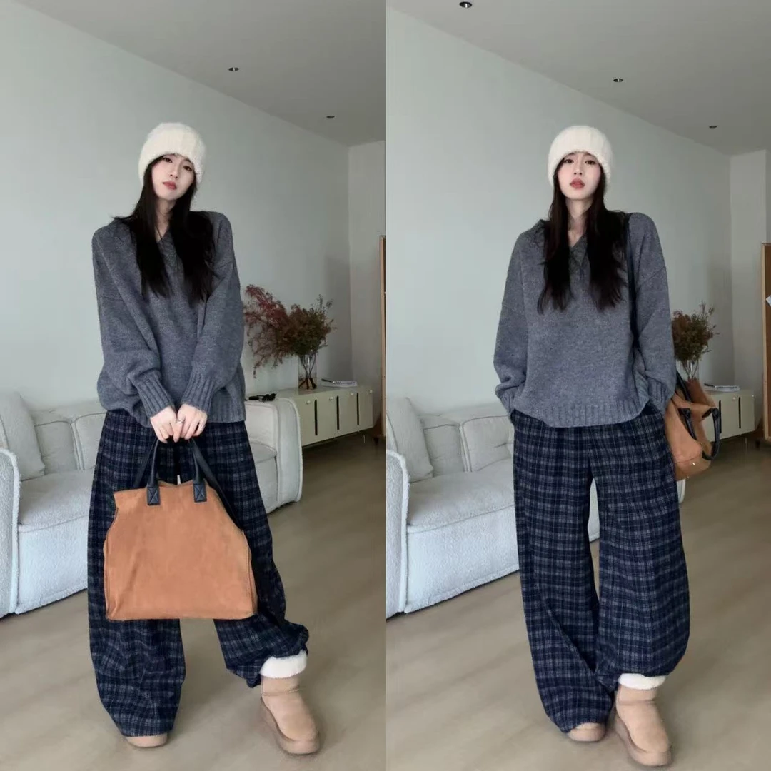韩系复古慵懒风水洗宽松版V领水洗针织衫上衣女秋冬百搭简约款