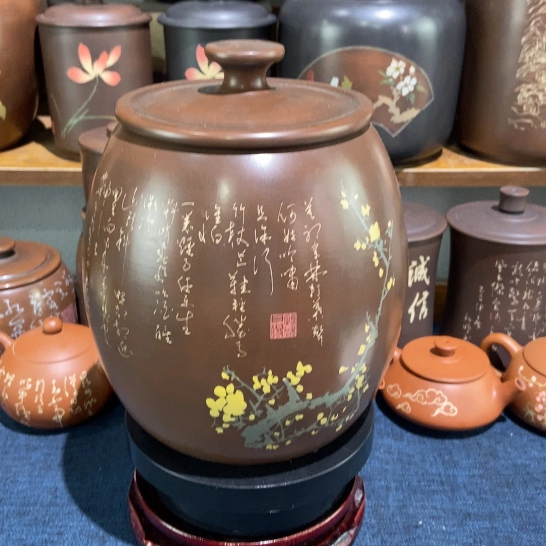 5建水紫陶手工彩填醒茶罐