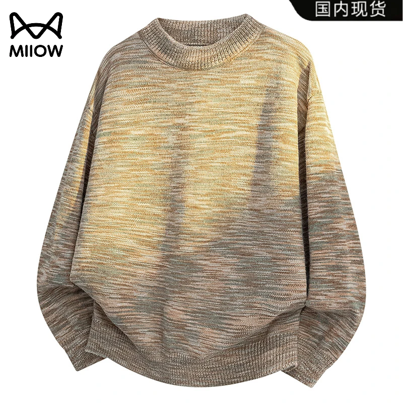 猫人毛衣圆领针织衫男士秋季新款宽松百搭条纹拼色毛衣内搭打底衫