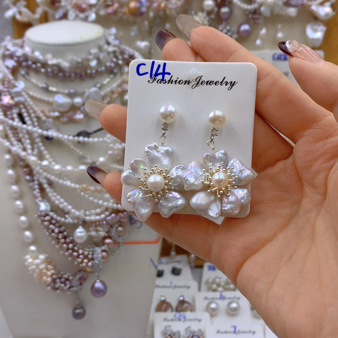 淡水珍珠耳饰银S925镶嵌罗**方