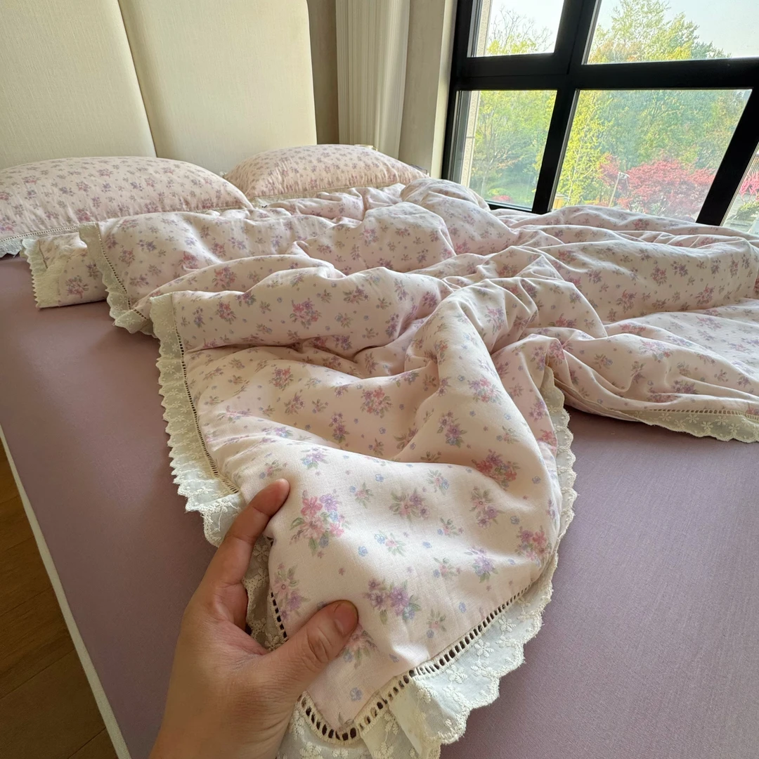 A类母婴级全棉双层纱床上四件套公主风纯棉被套床单人被罩三件套