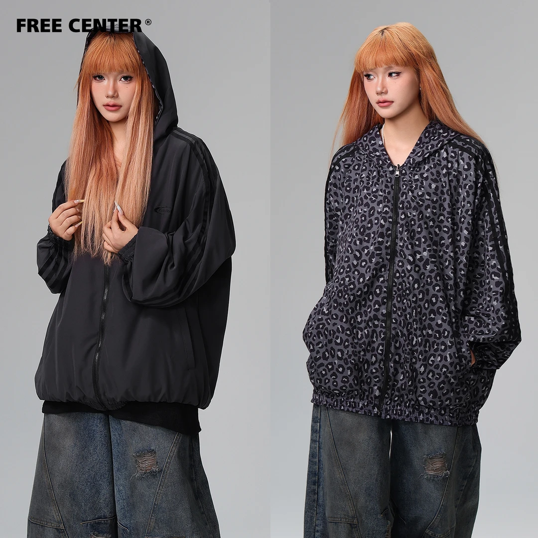 Free Center 双面穿美式复古豹纹夹克男女宽松连帽休闲外套秋上衣