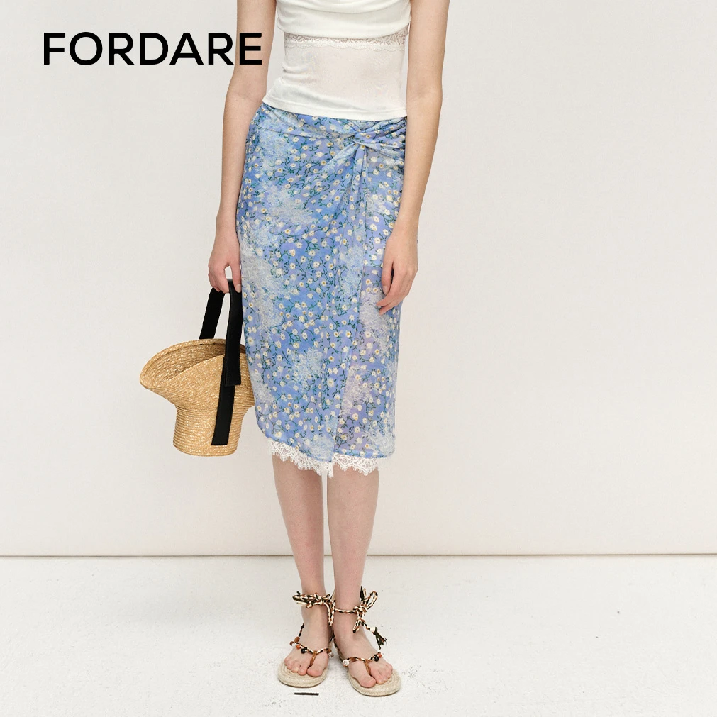 FORDARE福蝶 25夏季新品 蕾丝碎花纽结长裙印花时尚半身裙3397
