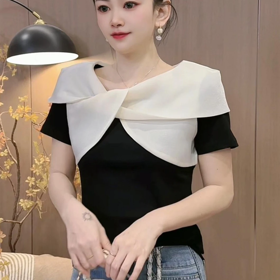 【77081】新品时尚洋气交叉领短袖T恤短款上衣